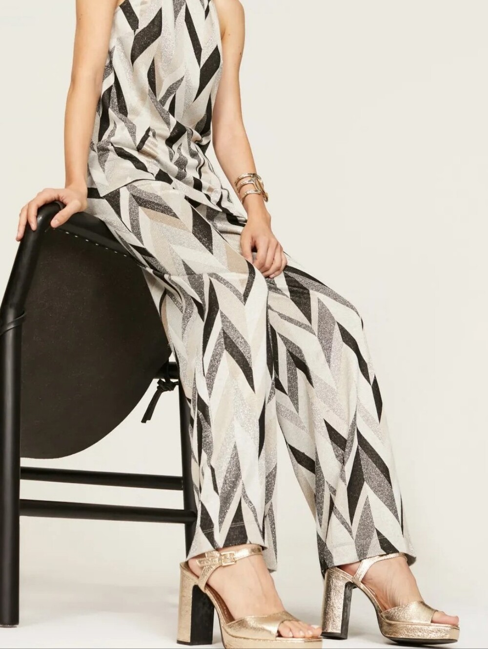 Trina Turk Black & White Geometric Wide-Leg Retro Pants Asia 8 Metallic
